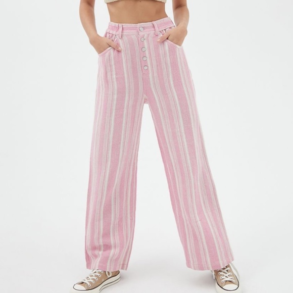 UO Kai Striped Boho Beach Wide Linen Baggy Pant - Picture 1 of 6
